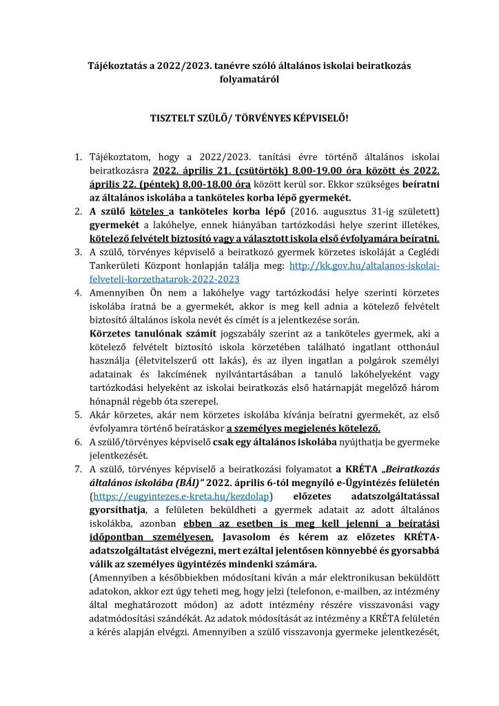 Tájékoztatás a 2022_2023. tanévre szóló beiratkozásról 01